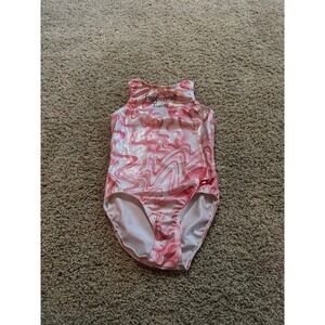 GK Elite Gymnastic Leotard red white foil Peppermint twist  rhinestone girls CM